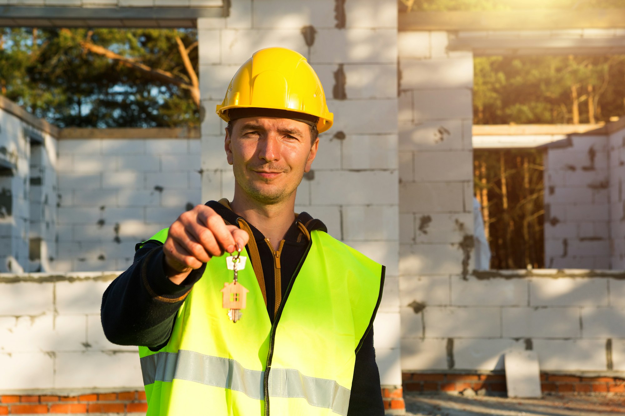 Construction worker holds out key to the house. Turnkey construction, relocation